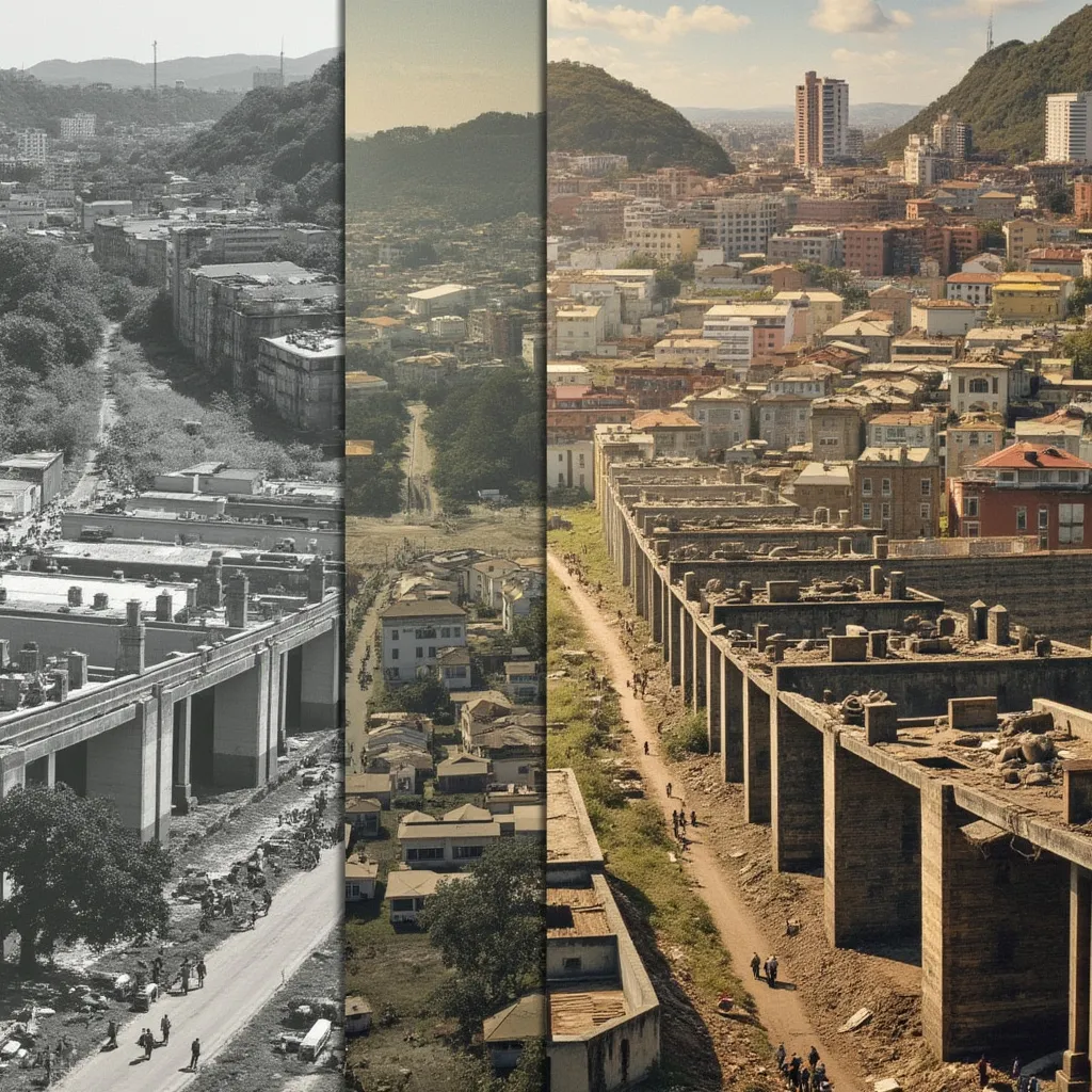 Montagem de fotos históricas e modernas da construção no Brasil