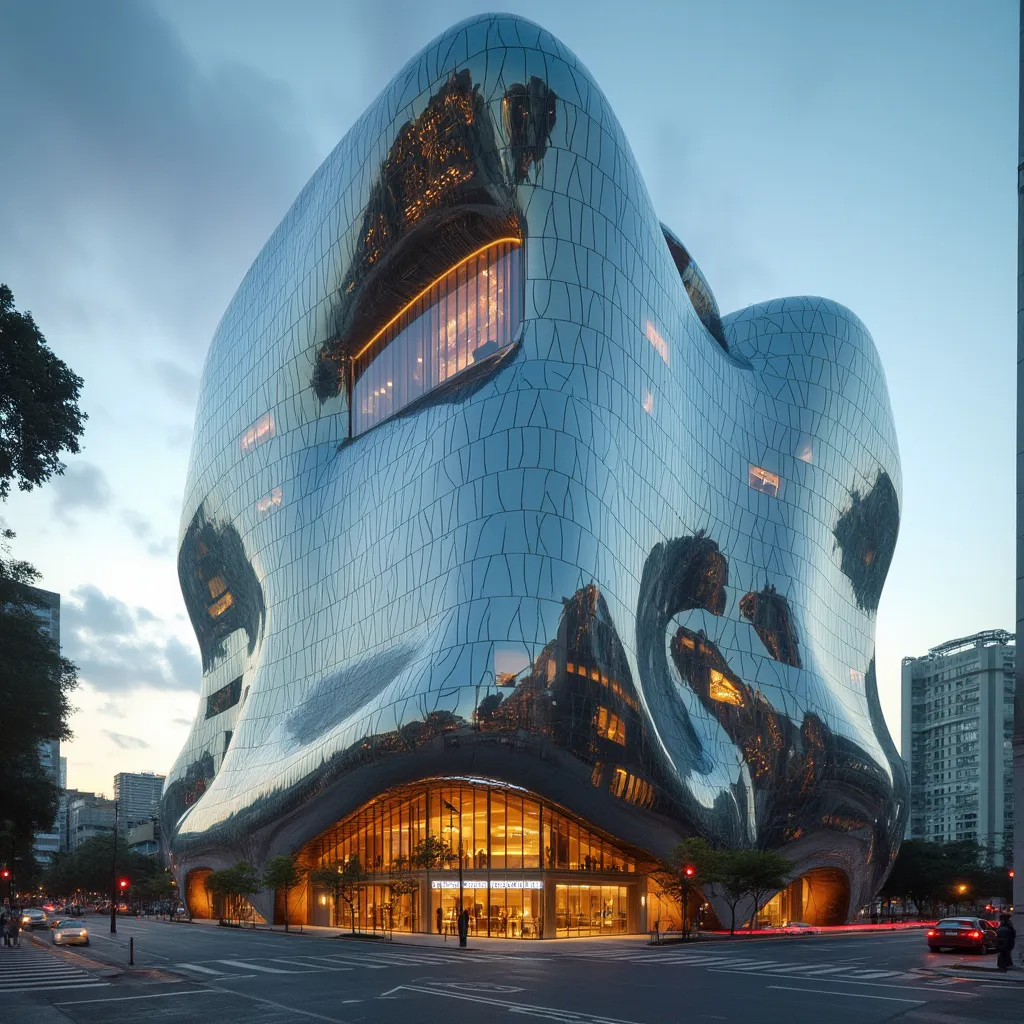 Edifício comercial com fachada de vidro e design arrojado